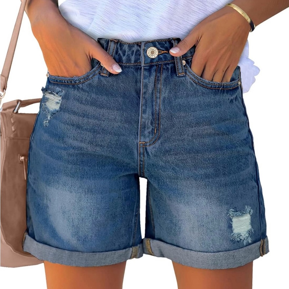 Women's Denim High Rise Distressed Rolled Hem Jeans Shorts size Small